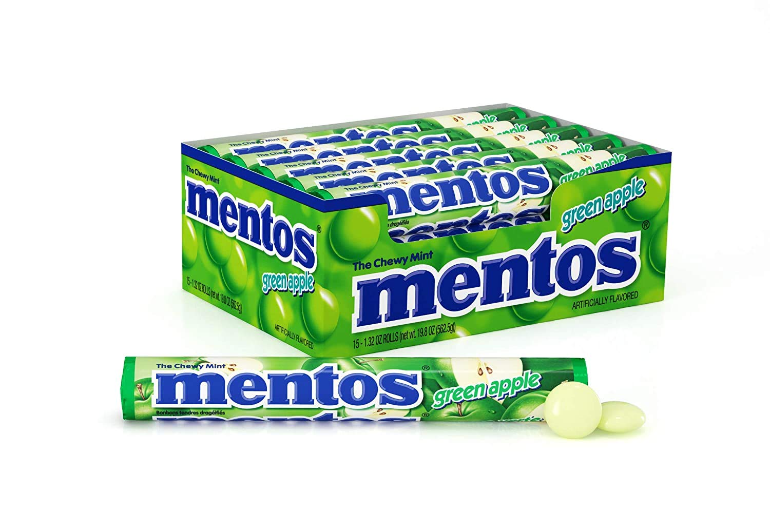 Mentos Chewy Mint Candy Roll. Green Apple. Bulk. Party. Non Melting. 1.32 ounce/14 Pieces (Pack of 15)