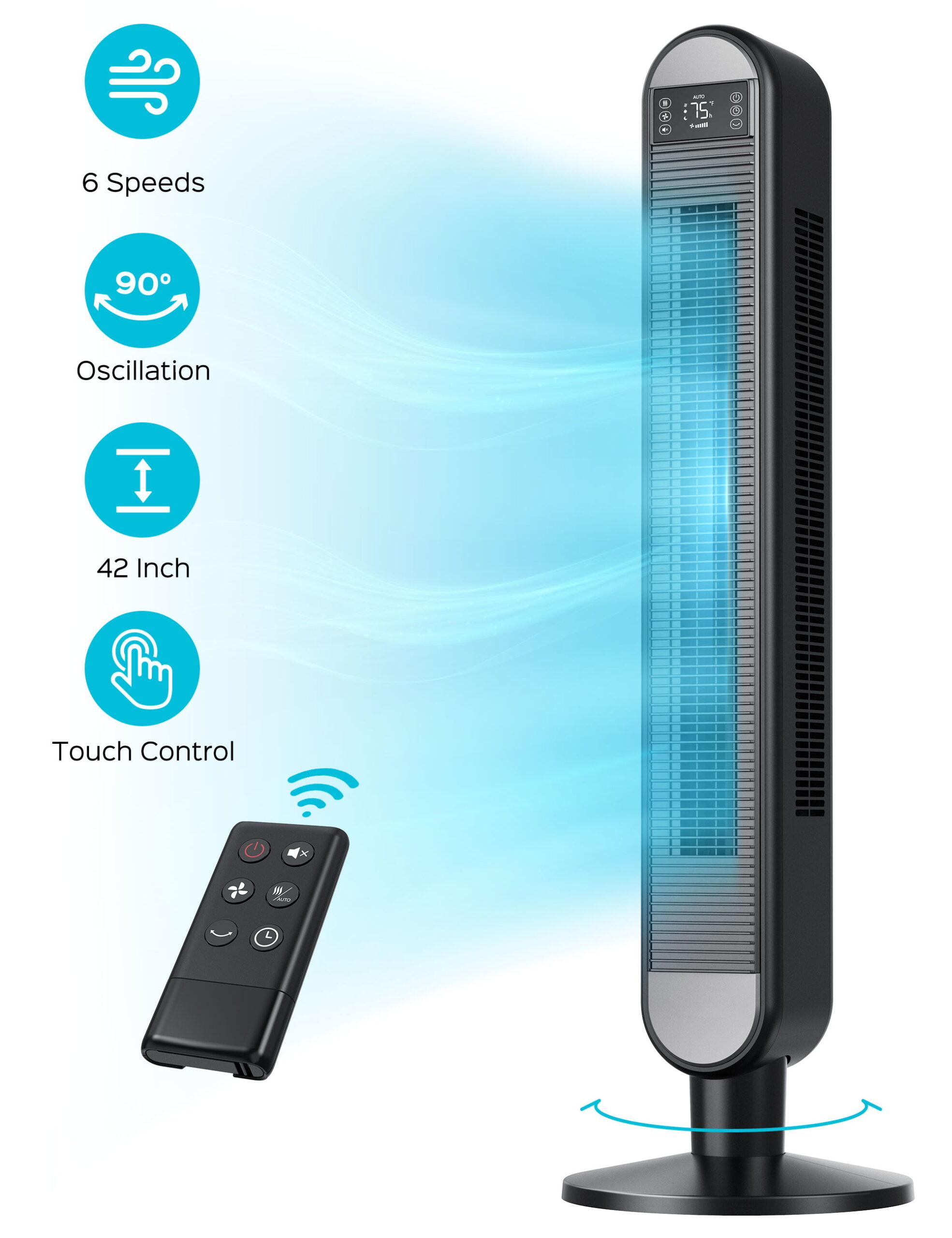 Dreo Tower Fan for Bedroom. 42 Inch Bladeless Fan. 90° Oscillating Fan. Quiet Floor Fan with Remote. LED Display. 6 Speeds 4 Modes. 12H Timer. Standing Fans for Home Living Room Office. Cruiser Pro T2