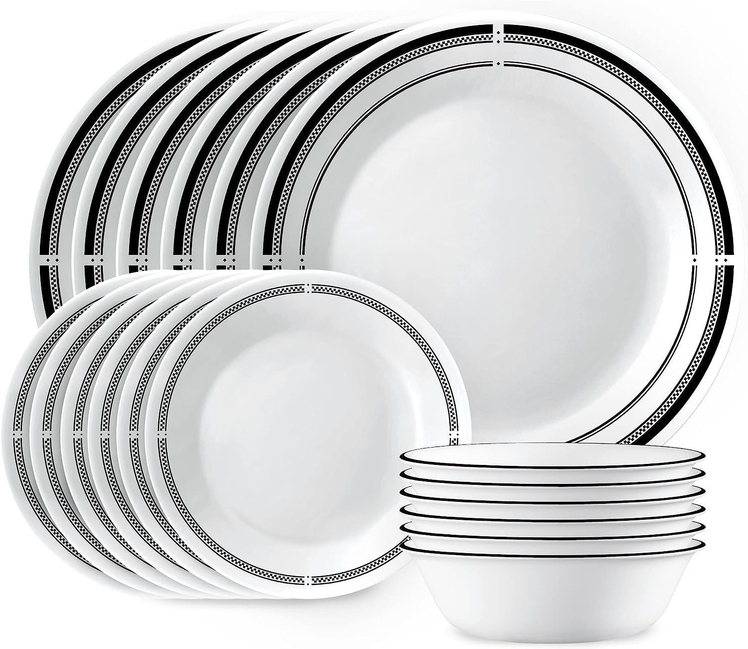 Corelle 18-Piece Round Dinnerware Set. Service for 6. Lightweight Round Plates and Bowls Set. Vitrelle Triple Layer Glass. Chip and Scratch Resistant. Microwave and Dishwasher Safe. Brasserie