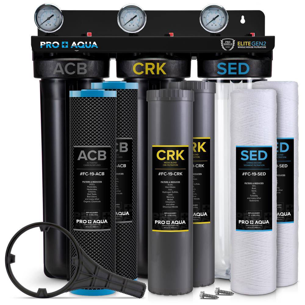 PRO+AQUA PRO-100-E-BNDL Elite Whole House Water Filter 3-Stage Well Water Filtration System with Gauges. PR Button 1 in. Ports Filter Set