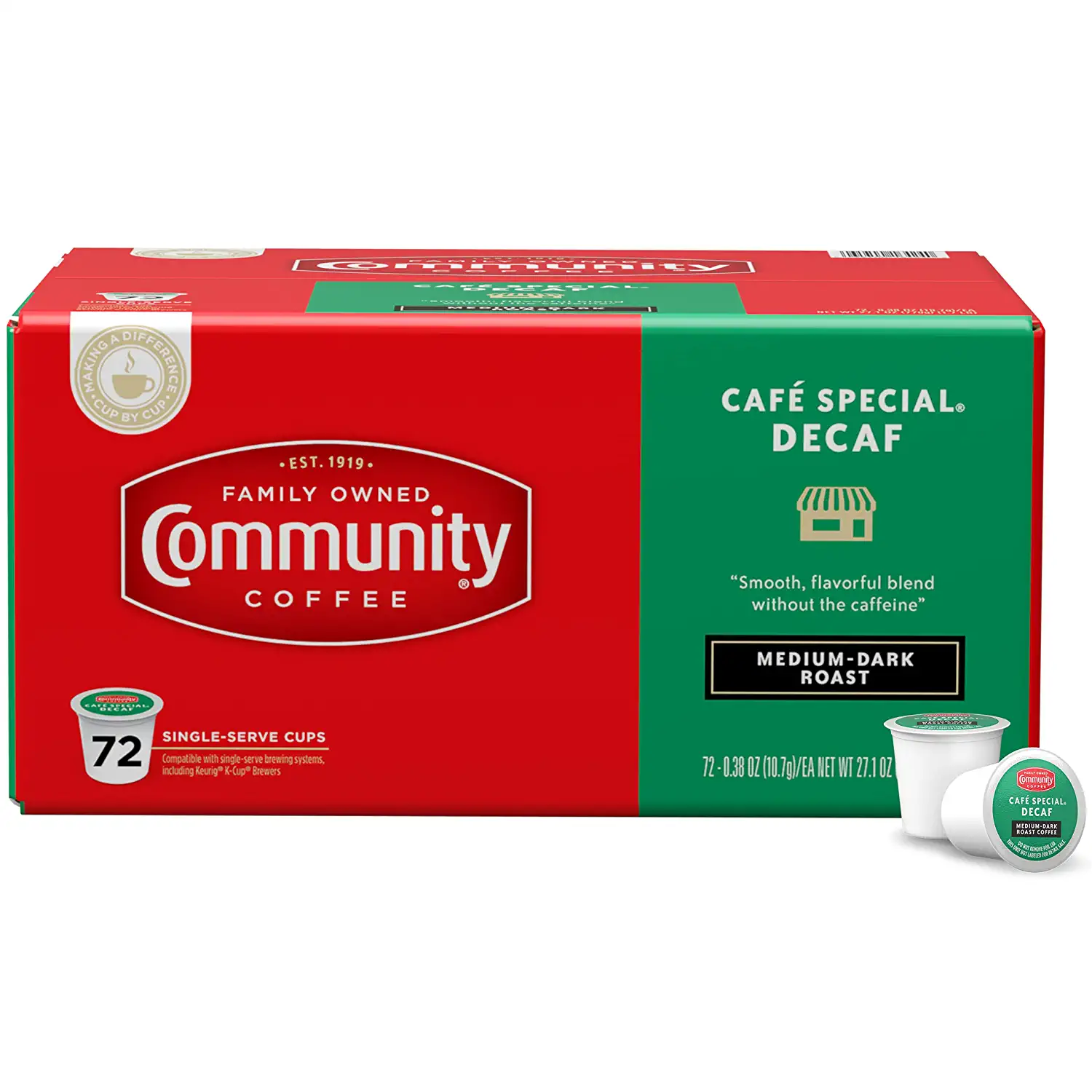 Community Coffee Café Special Decaf 72 Count Coffee Pods Medium-Dark Roast Decaf. Compatible with Keurig 2.0 K-Cup Brewers. 72 Count (Pack of 1)