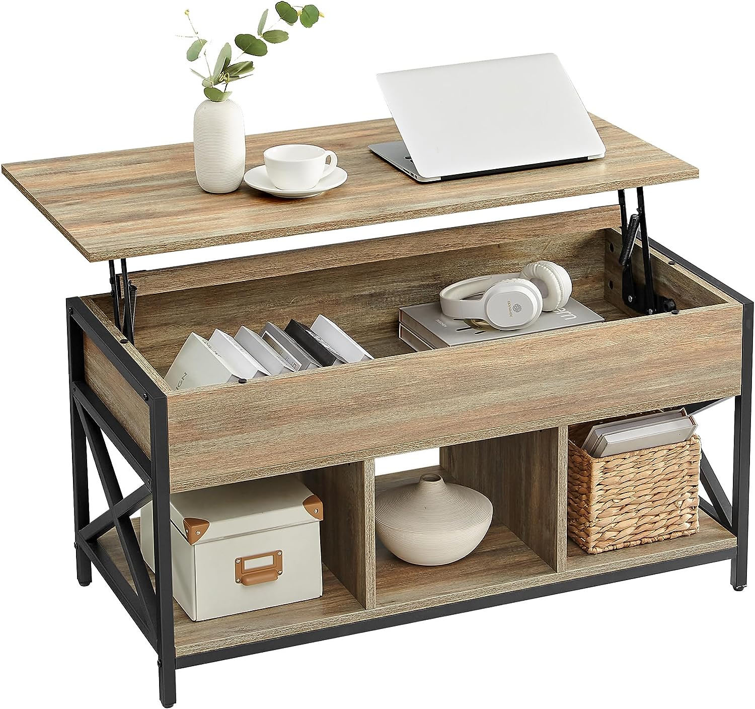 VASAGLE Lift Top Coffee Table for Living Room. Industrial Coffee Table with Hidden Compartments and Storage Shelf. Steel Frame. 19.7 x 39.4 x (19.3-24.4) Inches. Oak with Blue Grains ULCT202B60