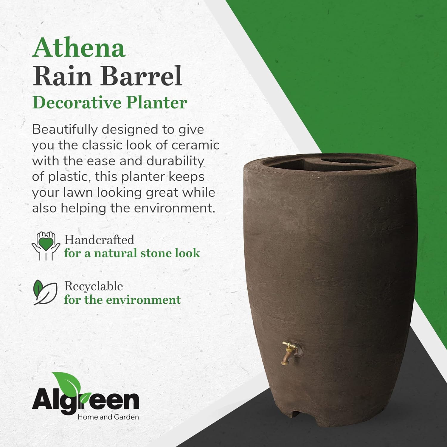 Algreen Products Athena Rain Barrel with Rain Barrel Spigot. 50 Gallon. Brownstone