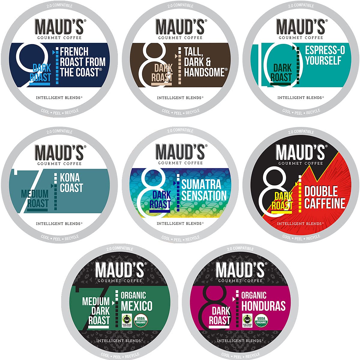Maud-s Bold & Dark Roast Variety Pack (8 Blend Variety Pack). 40ct. Solar Energy Produced Recyclable Single Serve Variety Pack Coffee Pods - 100% Arabica Coffee California Roasted. KCup Compatible