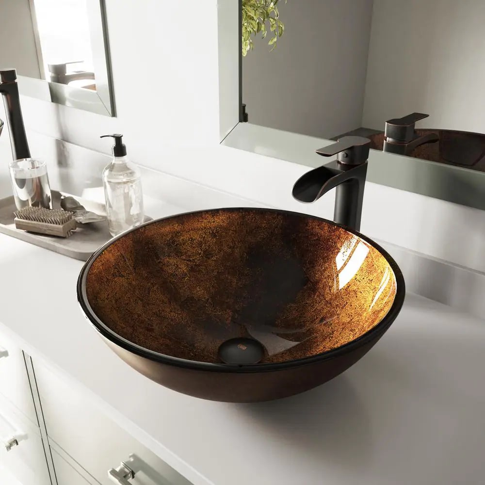 VIGO VGT504 Glass Round Vessel Bathroom Sink in Russet Brown. Antique Rubbed Bronze