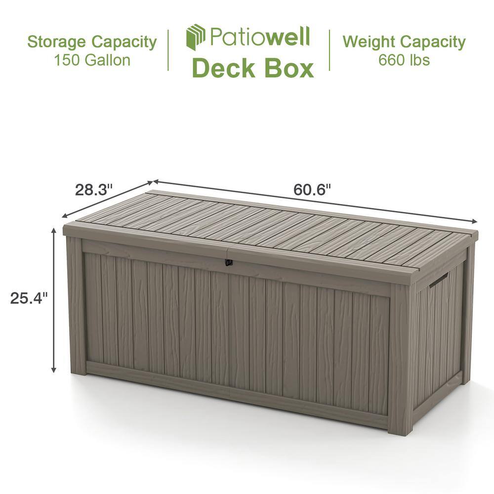 Patiowell PASB150-WGY 150 Gal. Outdoor Storage Resin Wood-Grain Deck Box in Brown. 2 Large Storage Spaces for Patio Furniture