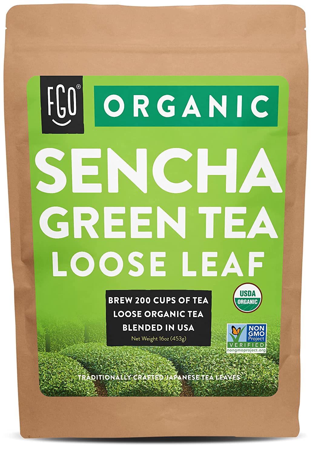 FGO Organic Sencha Loose Leaf Tea Brew 200 Cups. Imported from Japan 16oz/453g Resealable Kraft Bag