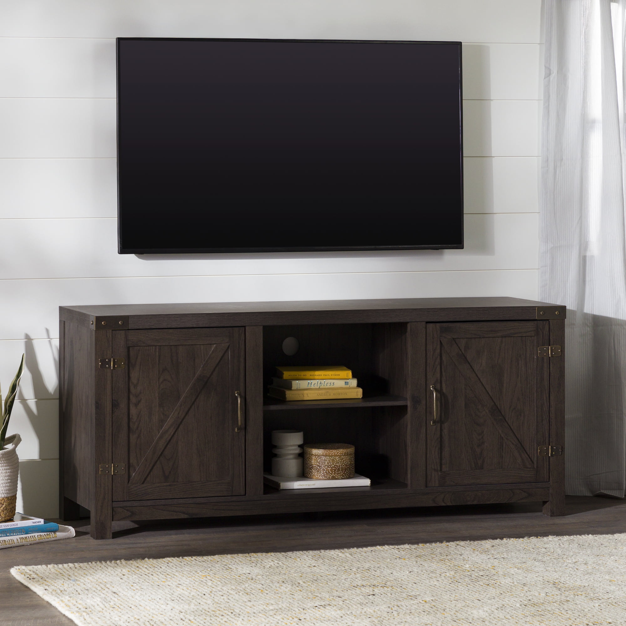 Woven Paths Modern Farmhouse Barn Door TV Stand for TVs up to 65″. Sable