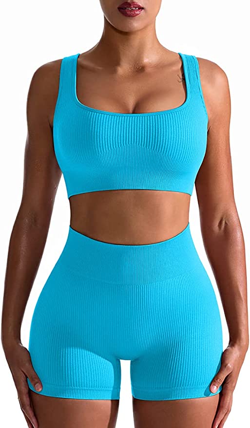 OQQ Workout Outfits for Women 2 Piece Seamless Ribbed High Waist Leggings with Sports Bra Exercise Set. Brightblue