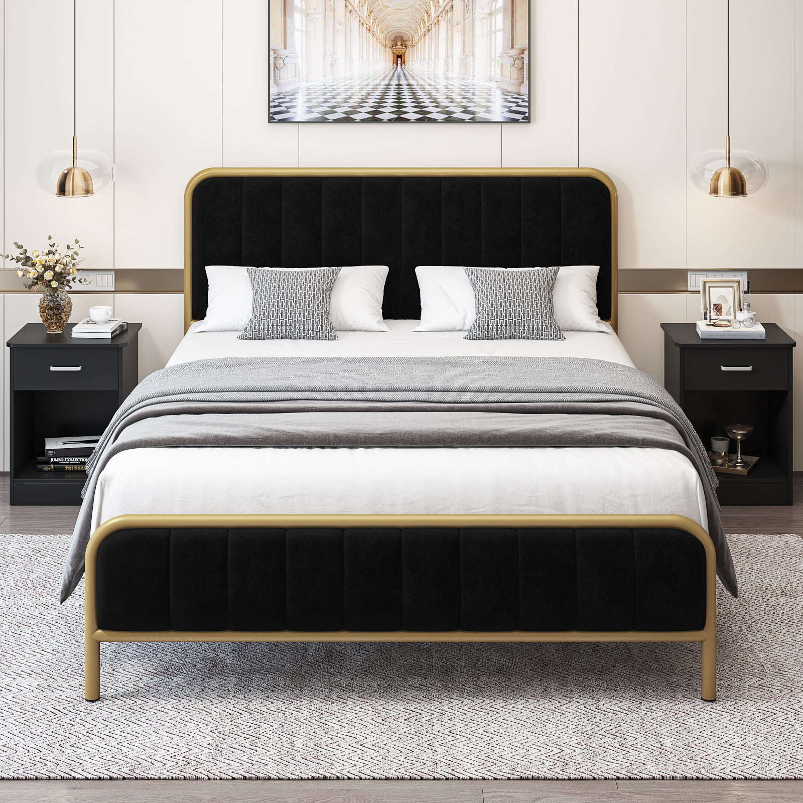 Homfa King Size Bed Frame. Metal Tubular Platform Bed Frame with Upholstered Headboard. Black