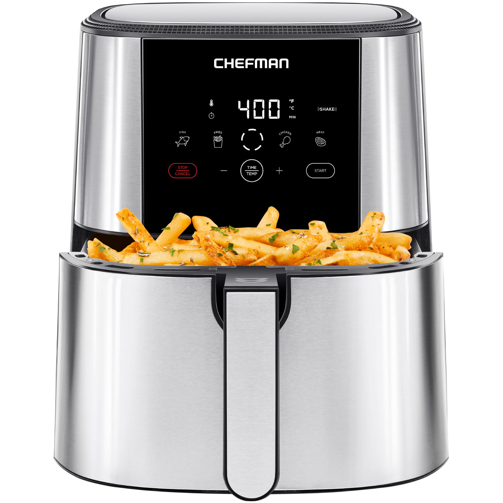 Chefman TurboTouch Air Fryer. One-Touch Digital Control. Shake Reminder. Stainless Steel