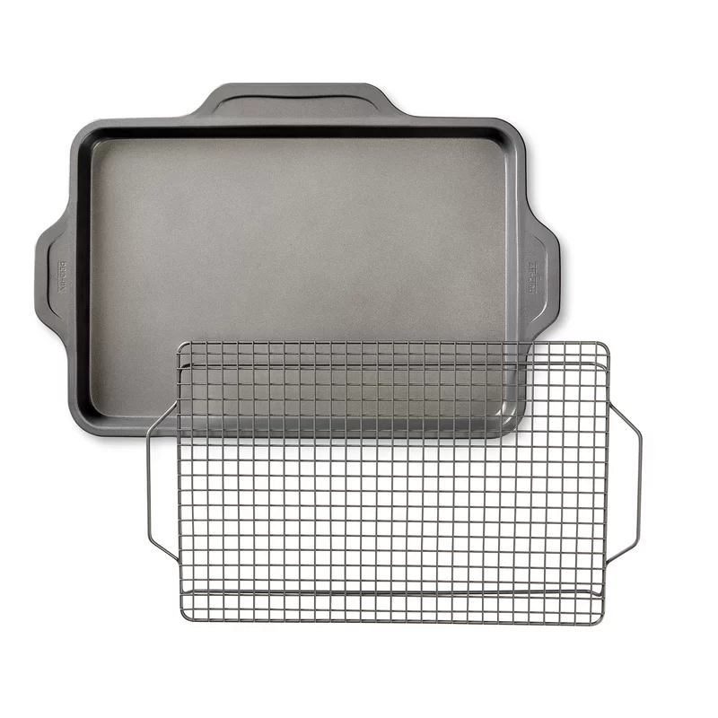 All-Clad J257S264 Pro-Release bakeware sheet with rack. 17 In x 11.5 In x 1 In. Grey