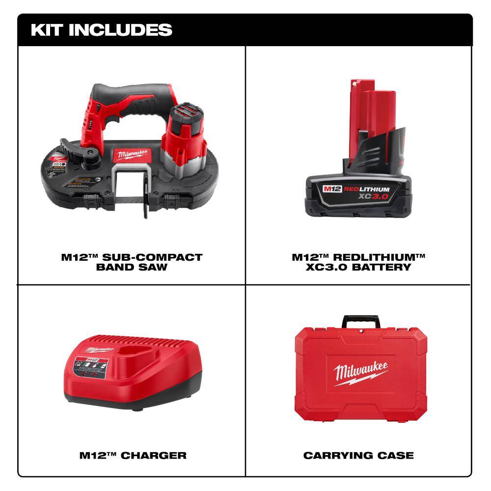 Milwaukee 2429-21XC M12 12V Lithium-Ion Cordless Sub-Compact Band Saw XC Kit with One 3.0h Battery. Charger and Hard Case