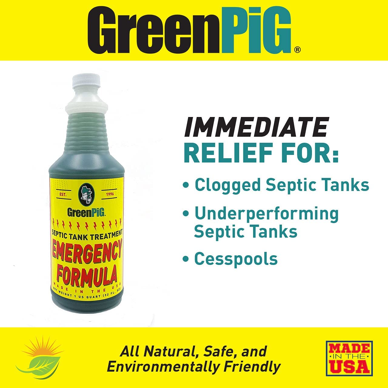 GREEN PIG Septic Tank Treatment Emergency Formula Quickly Breaks Down Clogged 1 Quart