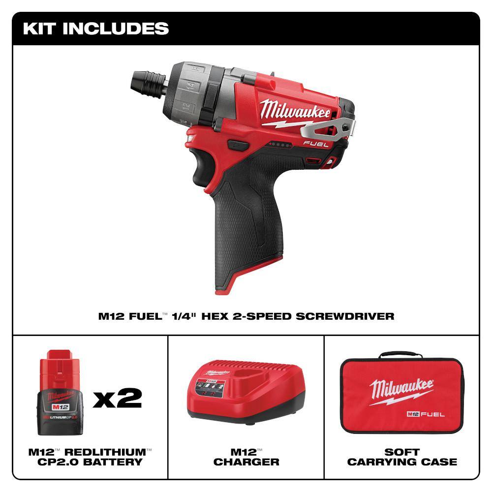 Milwaukee 2402-22 M12 FUEL 12V Lithium-Ion Brushless Cordless 1/4 in. Hex 2-Speed Screwdriver Kit W/(2) 2.0h Batteries & Bag