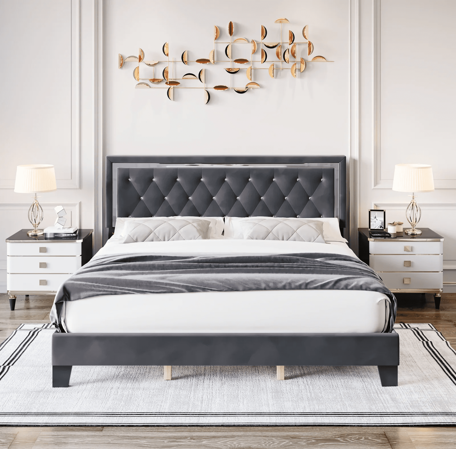 Homfa King Size Bed Frame with Adjustable Headboard. Diamond Tufted Upholstered Platform Bed. Gray