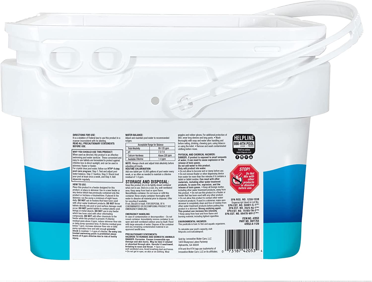 HTH 42053W Swimming Pool Care 3″ Chlorine Tabs Advanced. Individually Wrapped Tablets. 8lb
