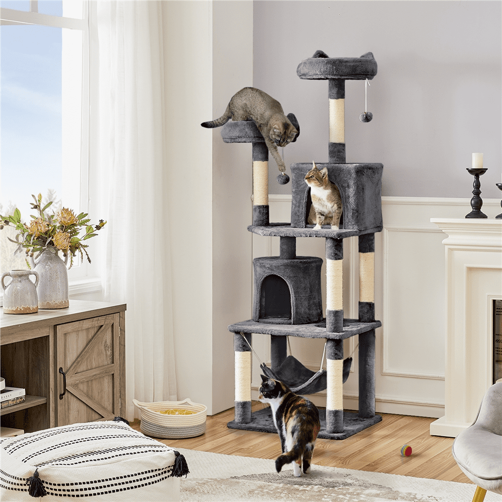 SMILE MART 70.5″H Multi Level Cat Tower Tree with 2 Condos & 2 Foam-Padded Perches for Medium/Large Cats. Light Gray