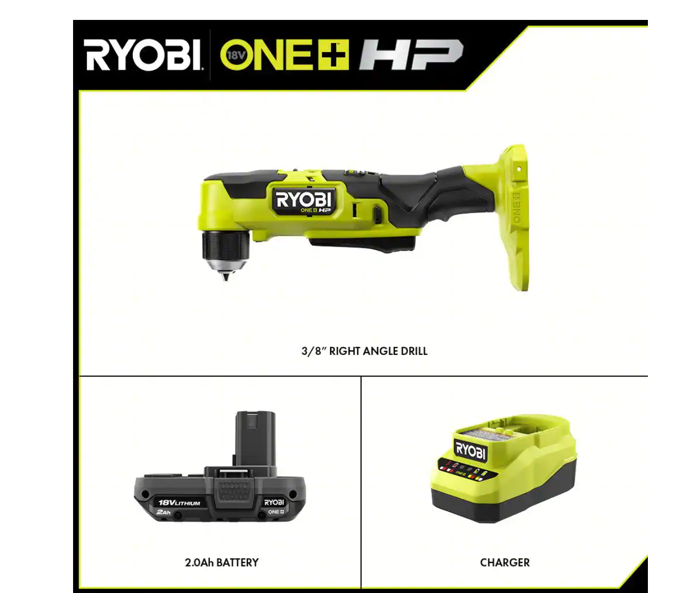 RYOBI PSBRA02K ONE+ HP 18V Brushless Cordless Compact 3/8 in. Right Angle Drill Kit with (1) 1.5 Ah Battery and 18V Charger