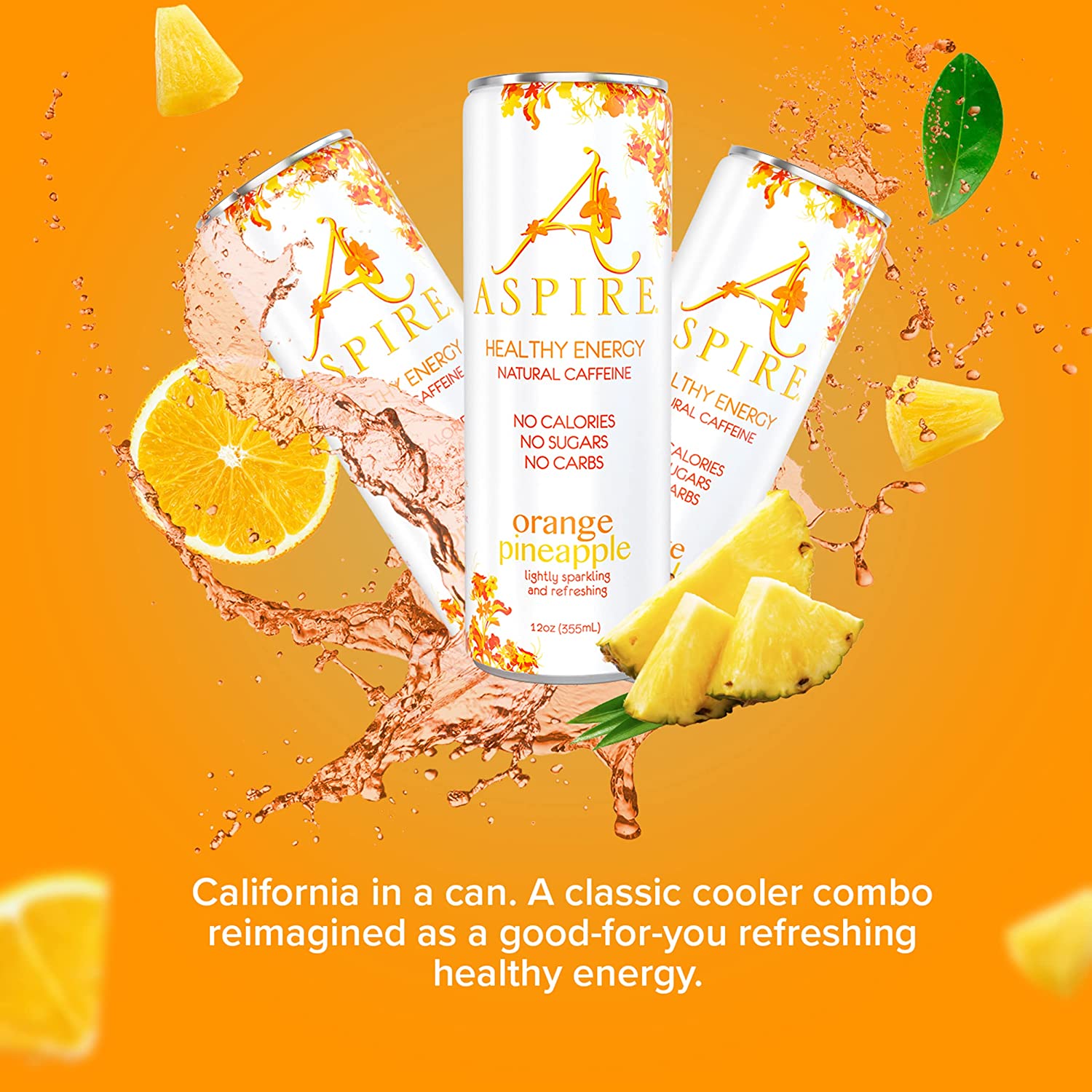 Aspire Healthy Energy Drink. Orange Pineapple (Pack of 12) 12 oz Cans. Natural Caffeine and Zero Sugar. Coffee Substitute. Vitamins B & C. Keto. Vegan. and Kosher Friendly