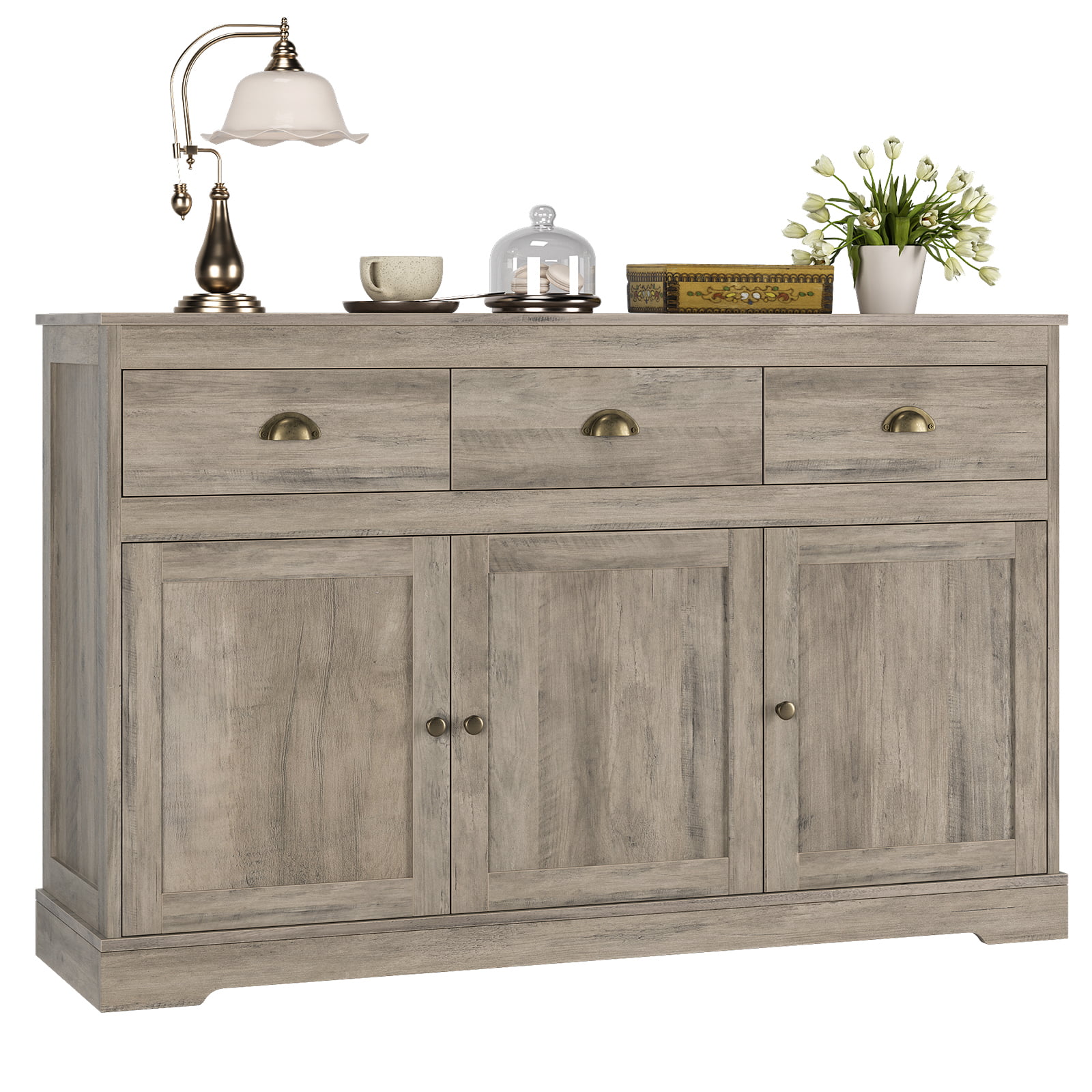 Homfa Sideboard Storage Cabinet with 3 Drawers & 3 Doors. 53.54” Wide Buffet Cabinet for Dining Room. Gray