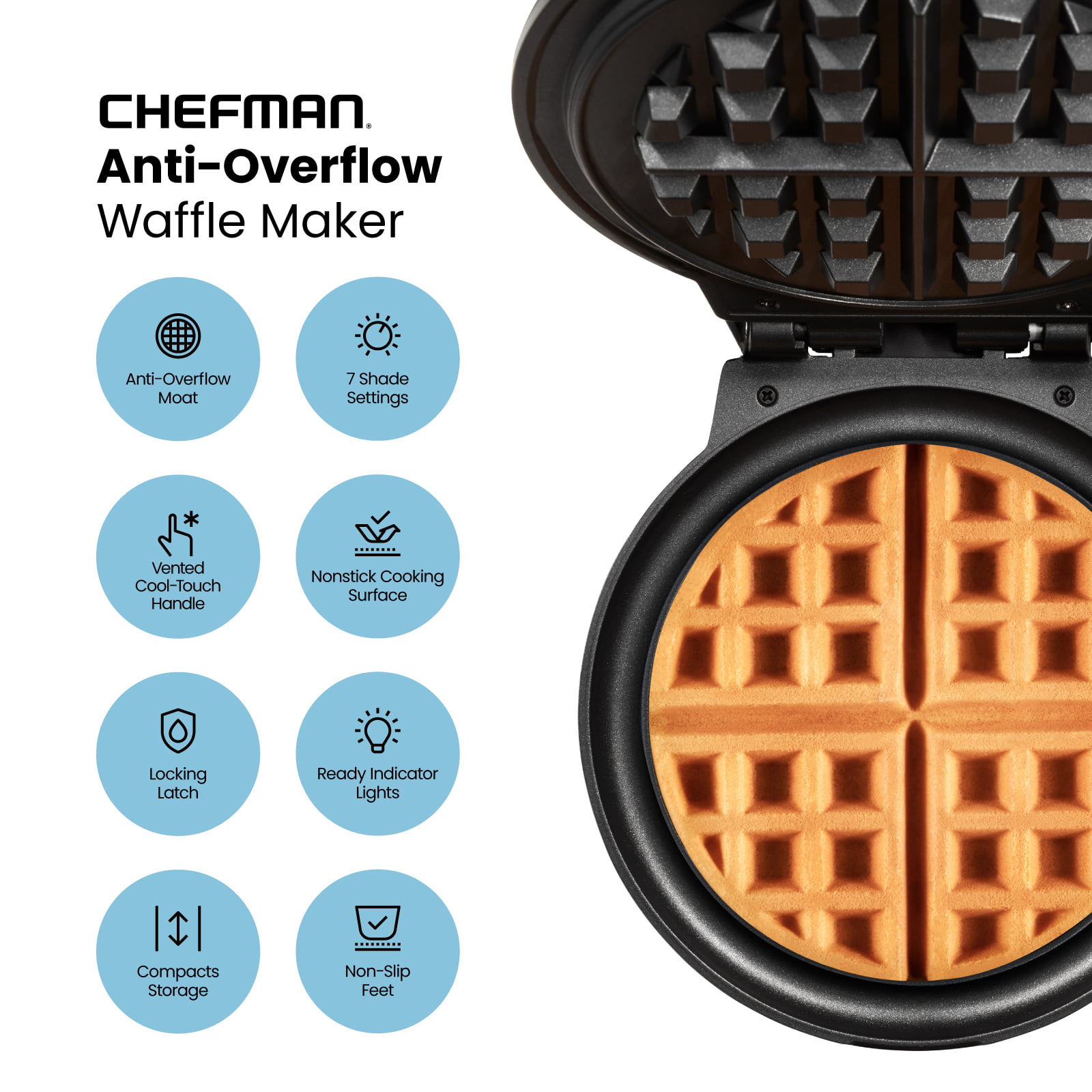 Chefman Anti-Overflow Belgian Waffle Maker. Black