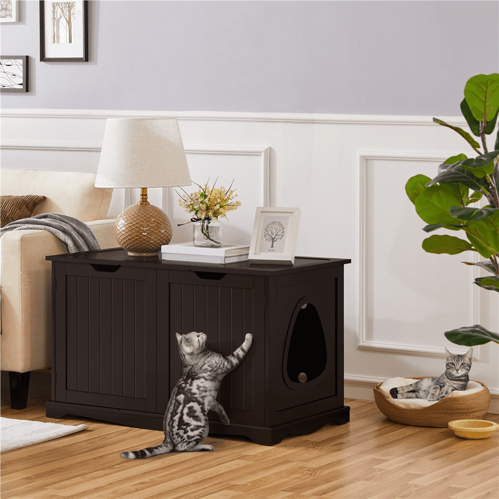 Easyfashion Wooden Cat Litter Box with Divider. Espresso