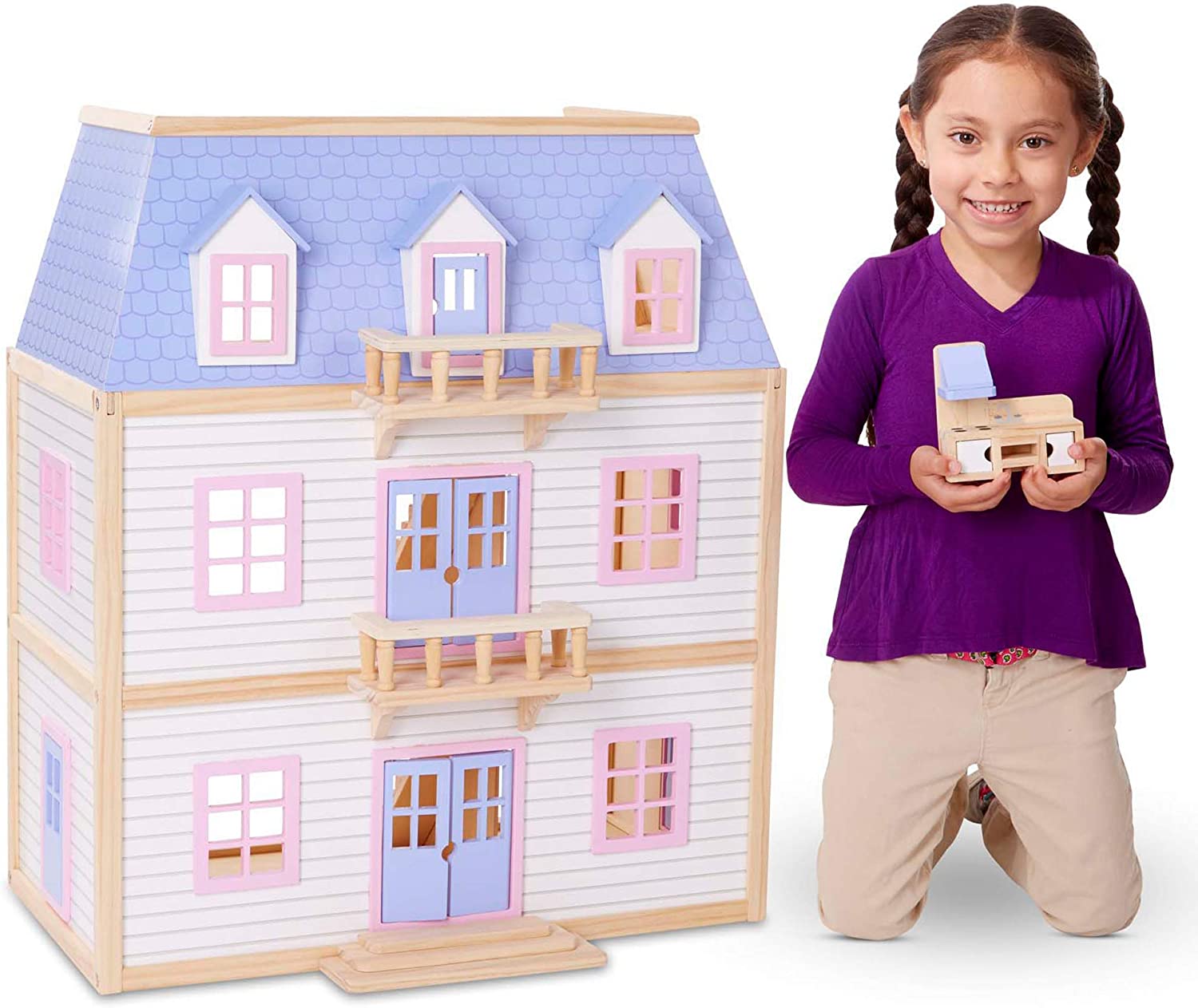 Melissa & Doug Modern Wooden Multi-Level Dollhouse With 19 pcs Furniture White