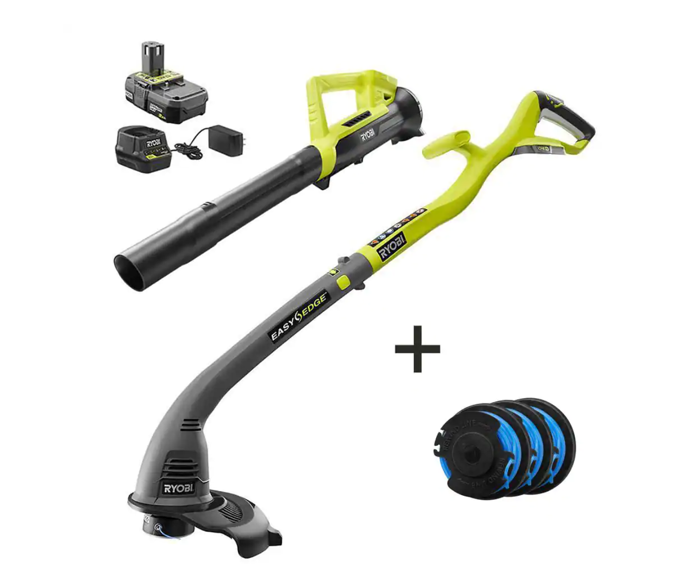 RYOBI P2036-AC ONE+ 18V Cordless String Trimmer/Edger & Blower/Sweeper with Extra 3-Pack of Spools. 2.0 Ah Battery and Charger