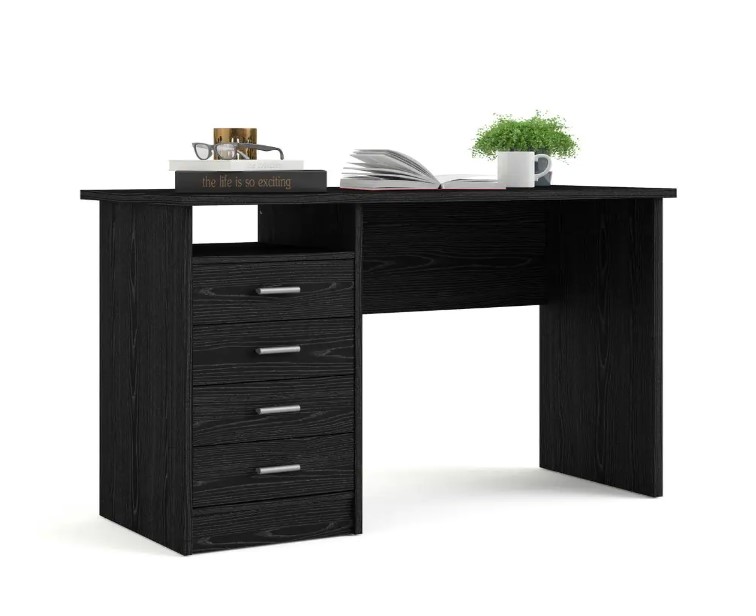Tvilum 80146P61 44 in. Rectangular Black Woodgrain 4 Drawer Writing Desk with Built-In Storage