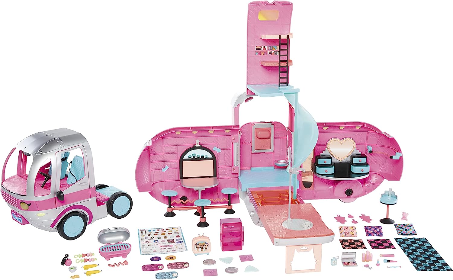 LOL Surprise OMG Glamper Fashion Camper Doll Playset with 55+ Surprises. Fully-Furnished with Light Up Pool. Water Slide. Bunk Beds. Cafe. BBQ Grill. DJ Booth - Gift Toy for Girls Ages 4 5 6 7+ Years