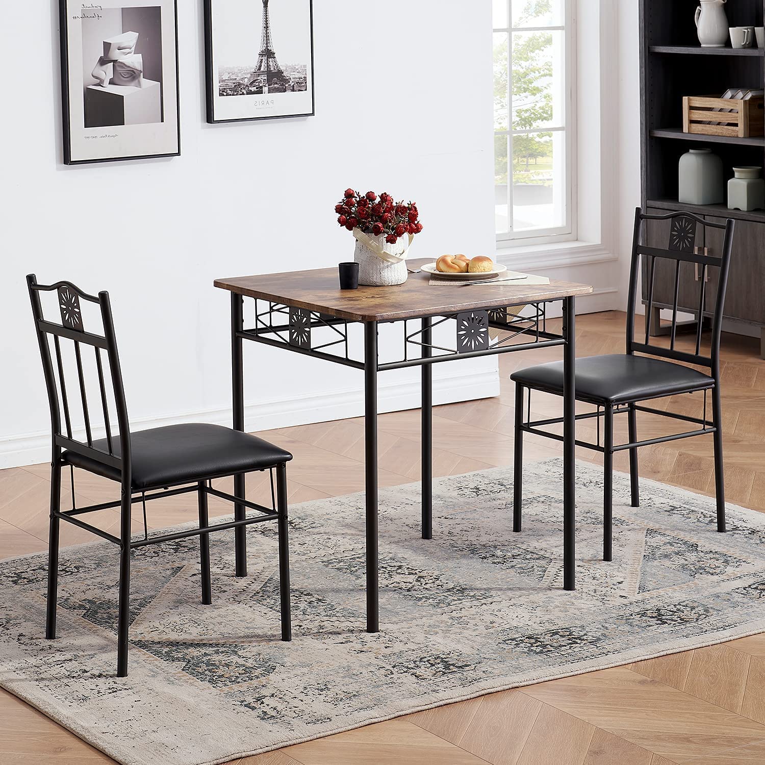 VECELO 3-Piece Dining Room Wooden Kitchen Table and Pu Cushion Chair Sets for Small Space. Retro Brown