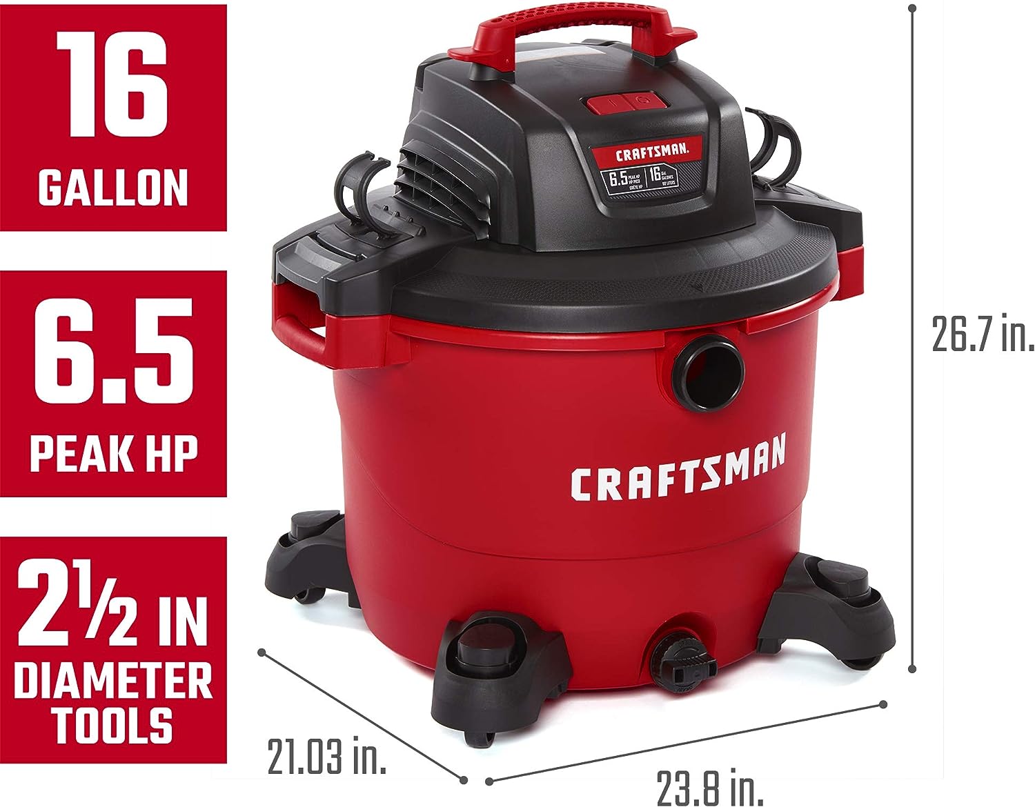 CRAFTSMAN CMXEVBE18695 16 Gallon 6.5 Peak HP Wet/Dry Vac. Heavy-Duty Shop Vacuum with Muffler/Diffuser and Attachments. Red