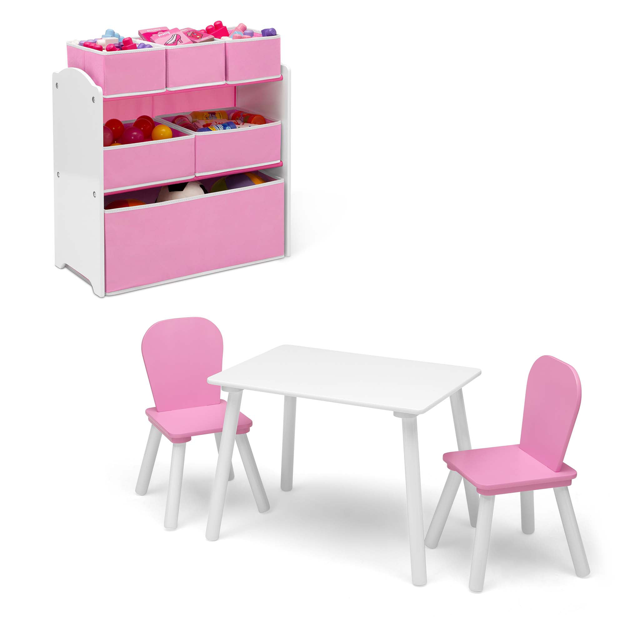 Delta Children 4-Piece Toddler Playroom Set – Includes Play Table and Toy Organizer. Pink/White