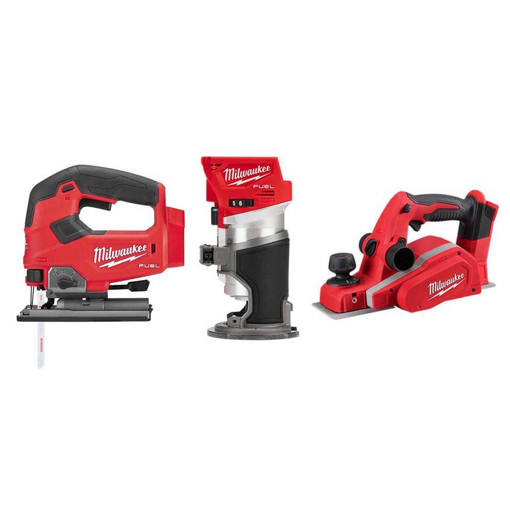 Milwaukee 2737-20-2723-20-2623-20 M18 FUEL 18V Lithium-Ion Brushless Cordless Jig Saw/Compact Router/3-1/4 in. Planer Combo Kit (3-Tool)