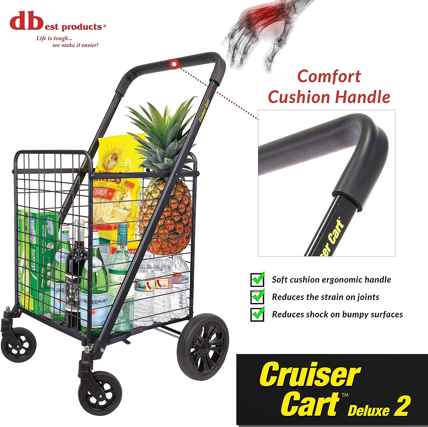 dbest products Cruiser Cart Deluxe 2 Shopping Grocery Rolling Folding Laundry Basket on Wheels Foldable Utility Trolley Compact Lightweight Collapsible. Black