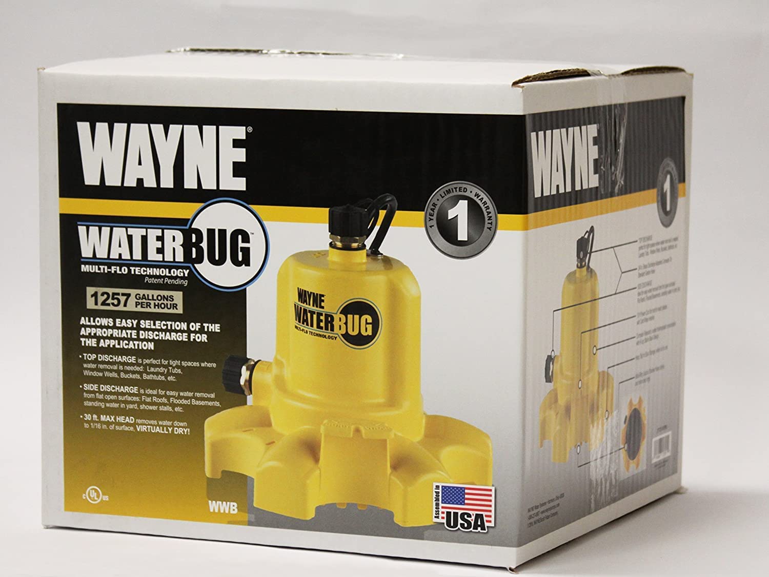 WAYNE Waterbug 1/6 HP 1350 GPH Submersible Multi-Flo Technology-Water Removal and Transfer Pump. Yellow