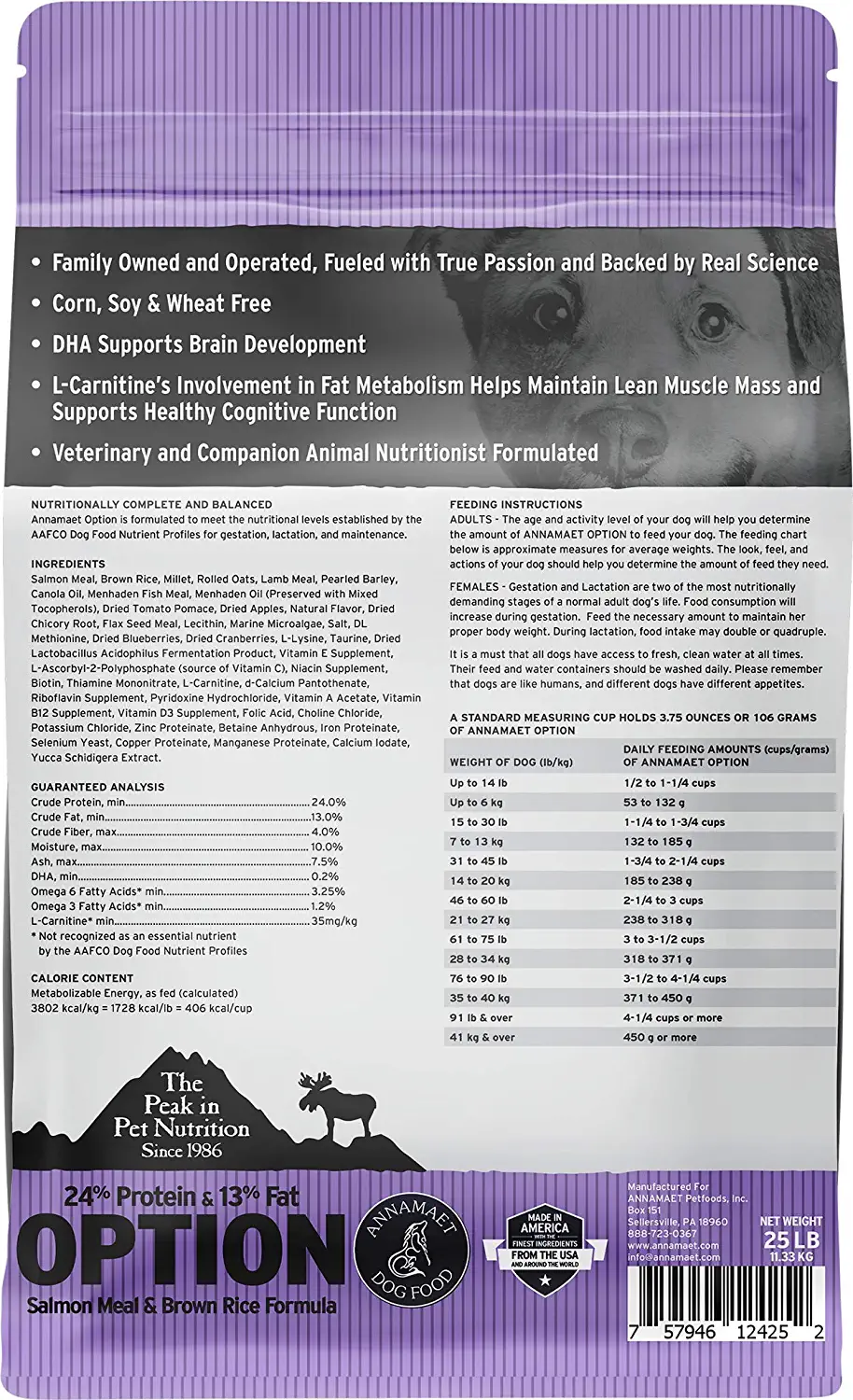 Annamaet Original Option Formula Dry Dog Food 24% Protein (Salmon & Brown Rice) 25-lb Bag