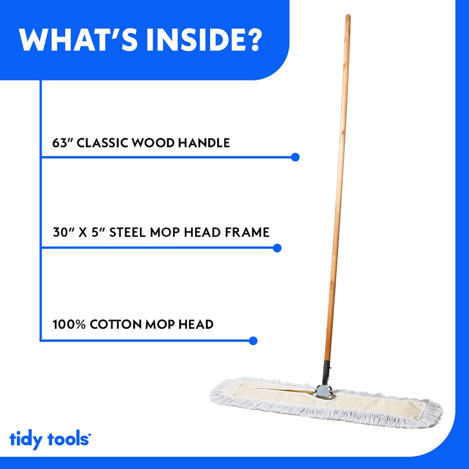 Tidy Tools Commercial Dust Mop & Floor Sweeper – 30 X 5 in. Cotton Reusable Mop Head. Wooden Broom Handle & Metal Frame – Industrial Dust Mops for Floor Cleaning & Janitorial Supplies