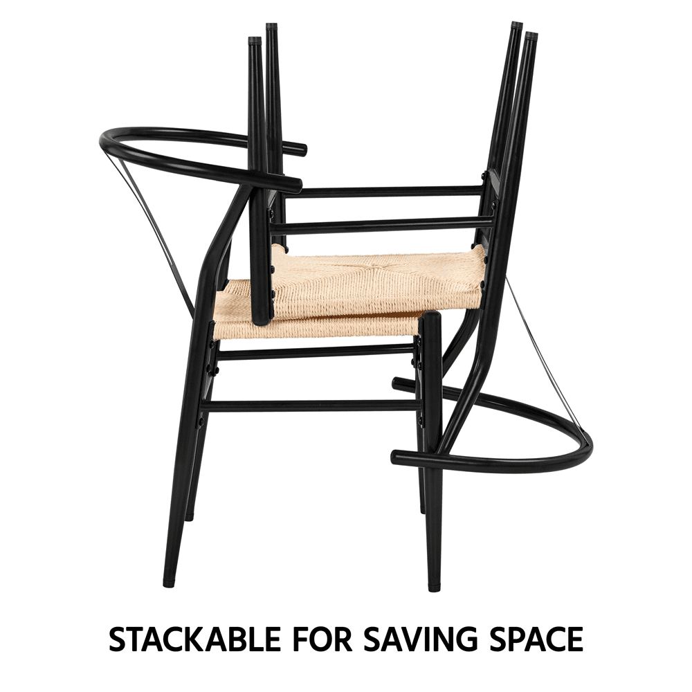 Alden Design Mid-Century Metal Dining Chairs with Woven Hemp Seat. Set of 2. Black