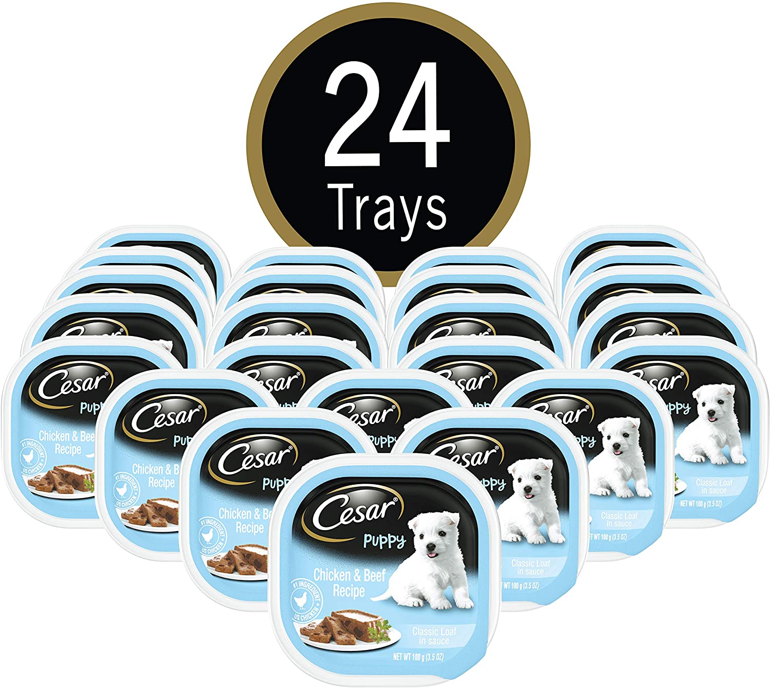 CESAR Puppy Soft Wet Dog Food Classic Loaf in sauce Chicken & Beef Recipe. 3.5 oz. Pack of 24 Easy Peel Trays