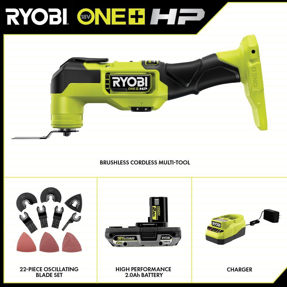 RYOBI PBLMT50K1-A242201 ONE+ HP 18V Brushless Cordless Multi-Tool Kit with 2.0 Ah Battery and Charger with 22-Piece Oscillating Blade Set