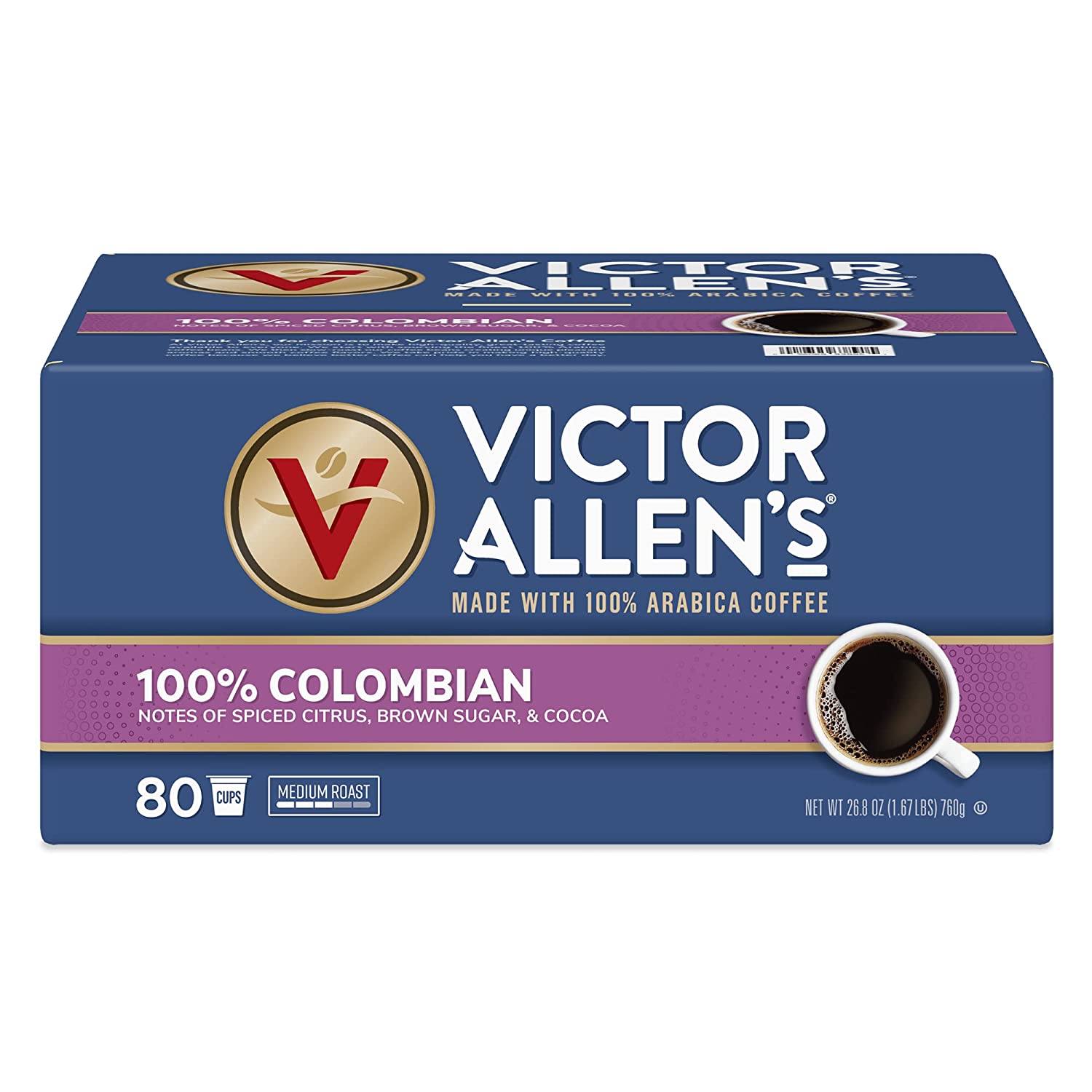 Victor Allen-s Coffee 100% Colombian Medium Roast 80 Count. Single Serve Coffee Pods for Keurig K-Cup Brewers