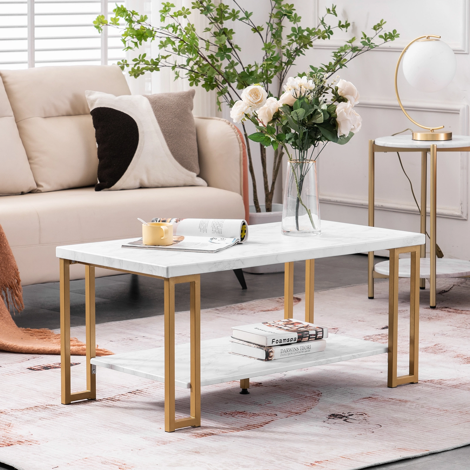 DISCOUNTTODAY (106 x 50 x 48cm) Simple Double-layer Golden Iron Pipe Marble PVC Coffee Table Rectangular