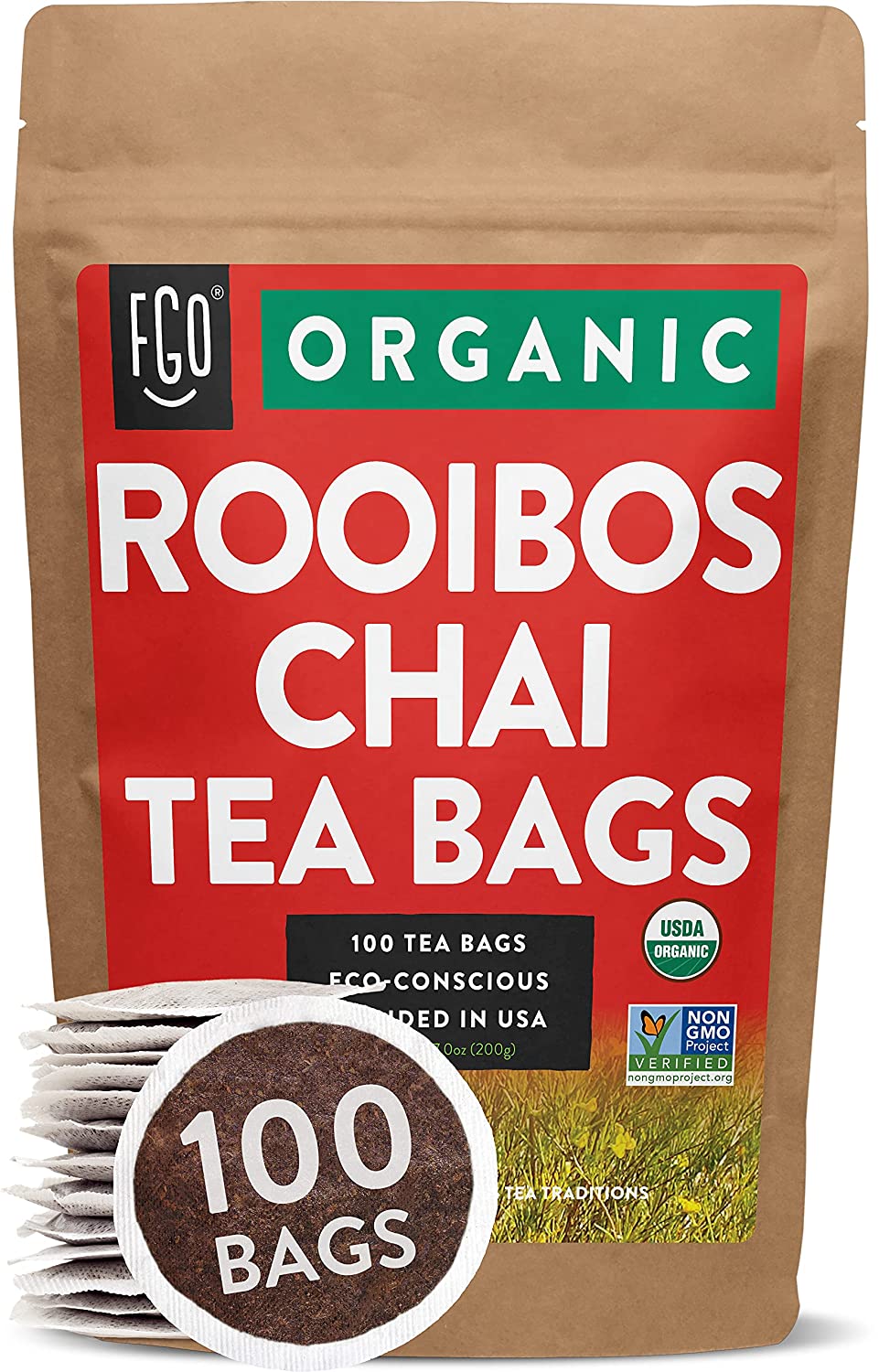 FGO Organic Rooibos Chai Tea Bags 100 Tea Bags Eco-Conscious Tea Bags in Kraft Bag