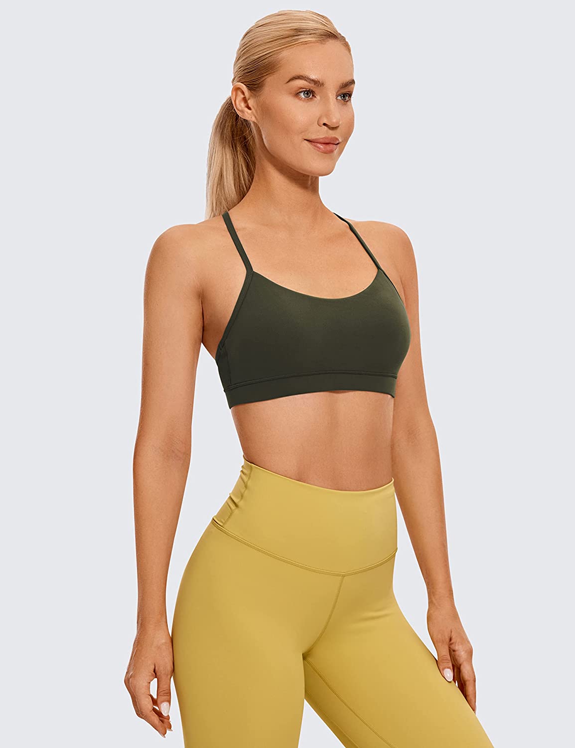 CRZ YOGA Womens Butterluxe Y Back Sports Bra – Padded Racerback Low Impact Spaghetti Thin Strap Backless Workout Yoga Bra. Olive Green