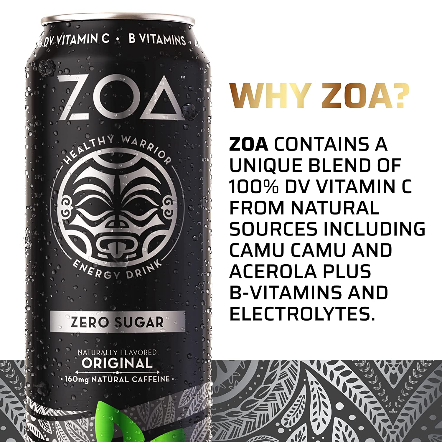 ZOA Zero Sugar Healthy. Positive Energy Drink. Original. 16 oz. (12 Pack)