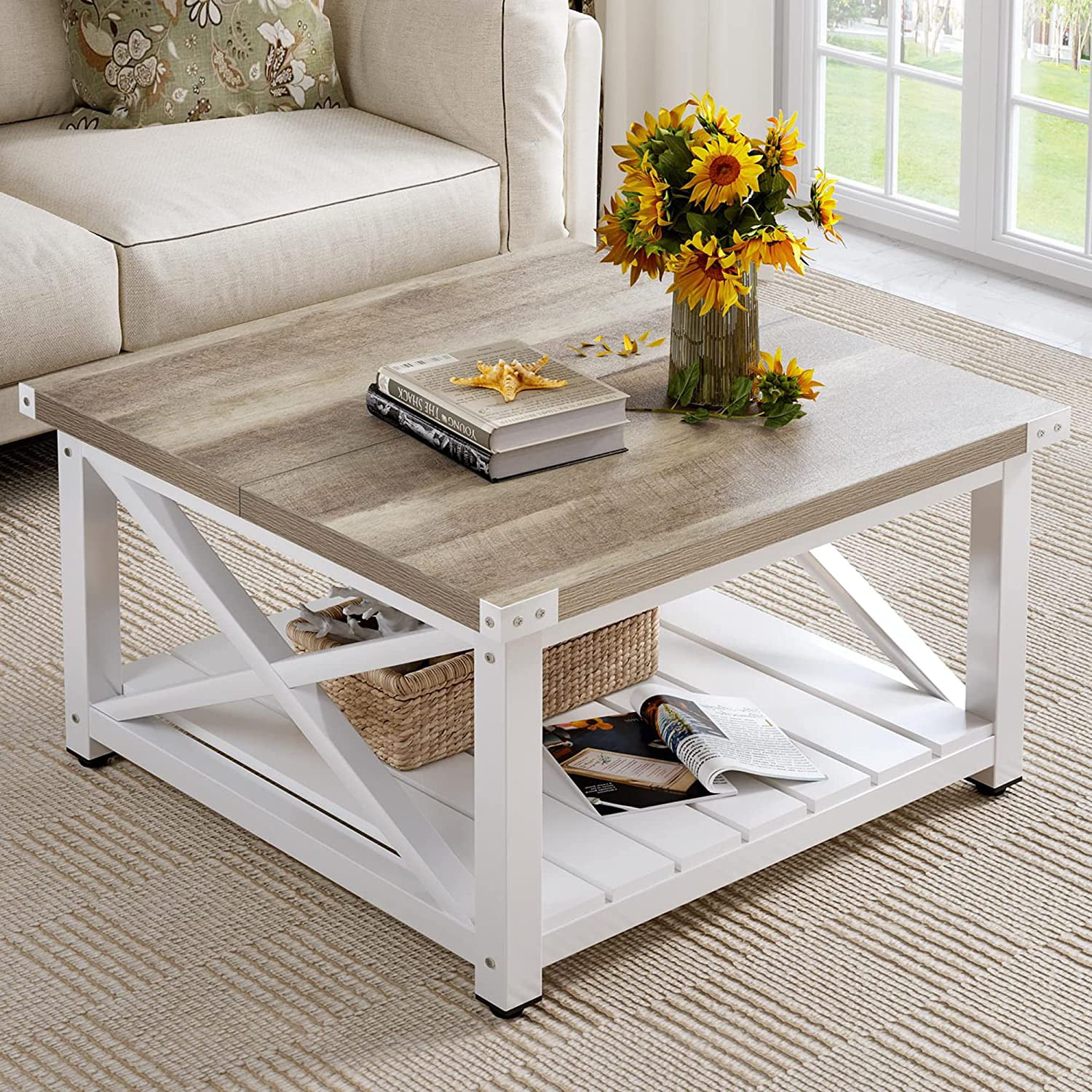 DEXTRUS Farmhouse Coffee Table for Living Room. Square Wood Coffee Table with Open Storage Shelf