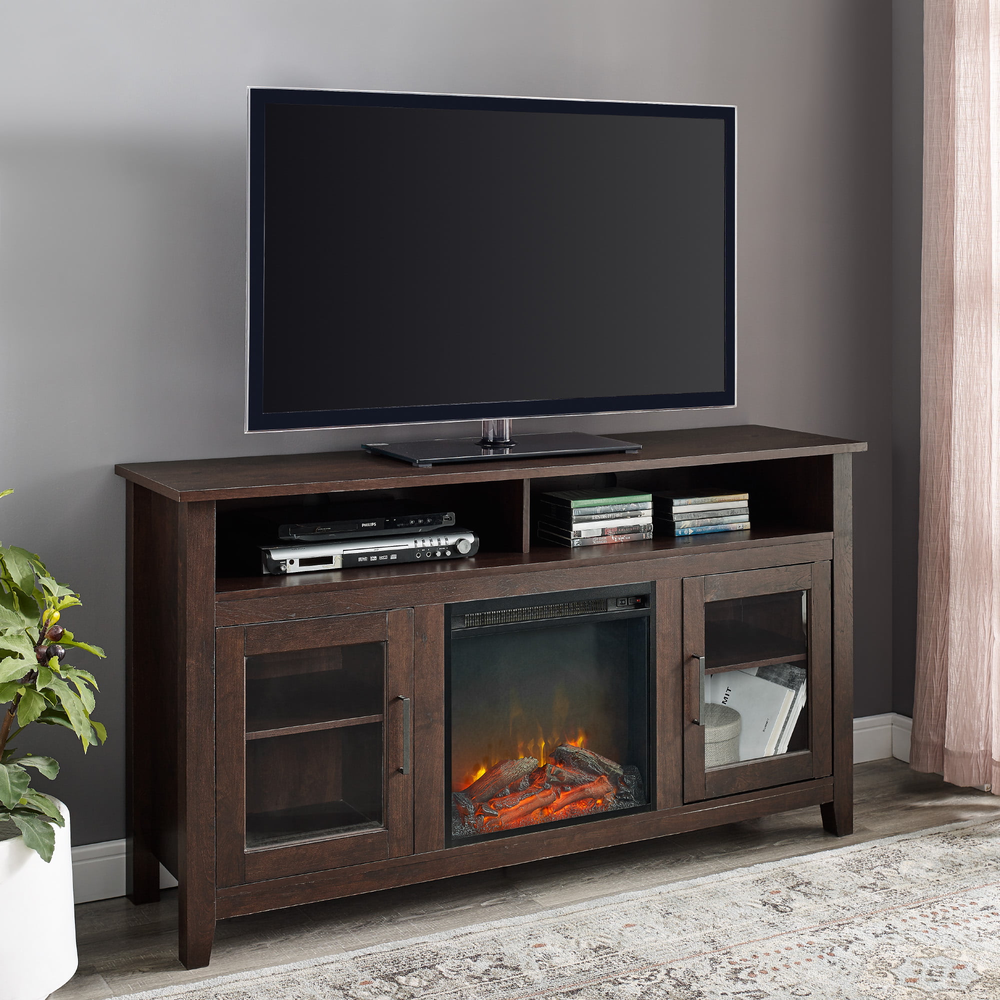 Woven Paths Highboy 2 Door Electric Fireplace TV Stand for TVs up to 65″. Brown