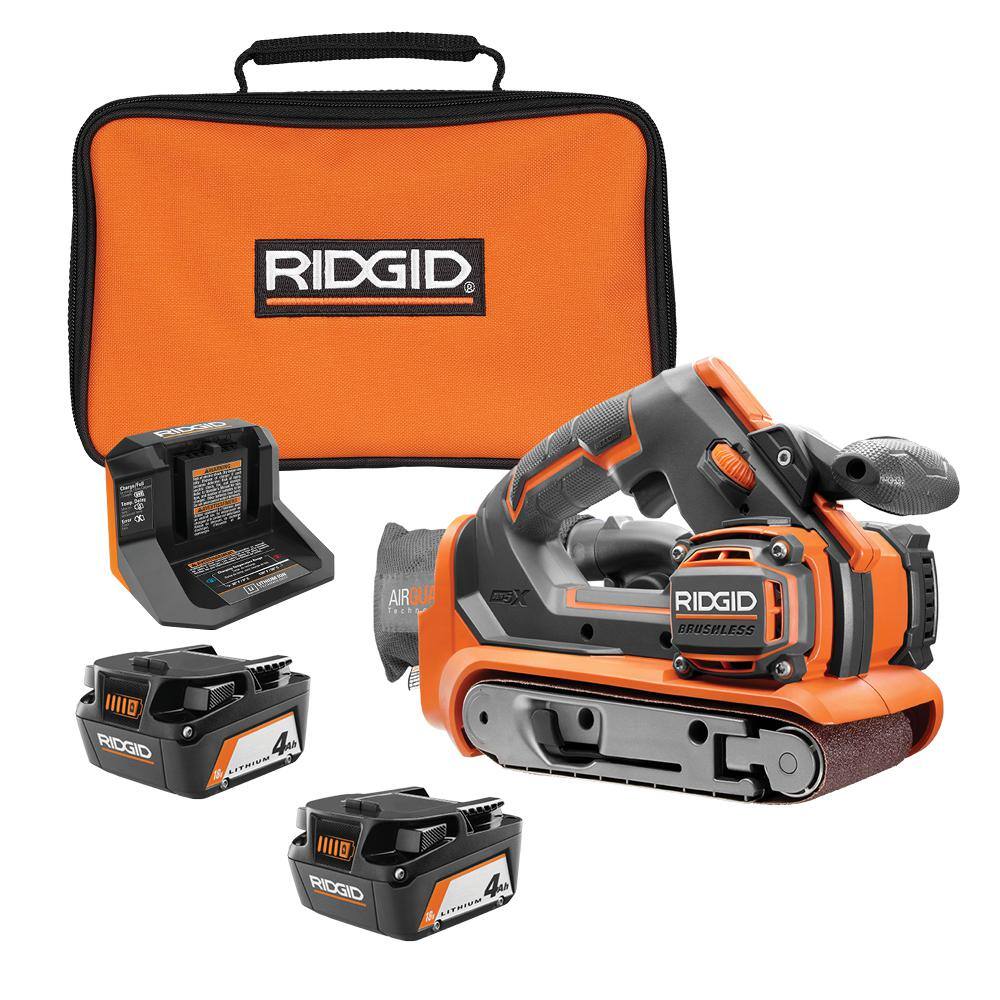 RIDGID R86065B-AC93044SBN 18V Brushless Cordless 3 in. x 18 in. Belt Sander with (2) 4.0 Ah Batteries. Charger. and Bag